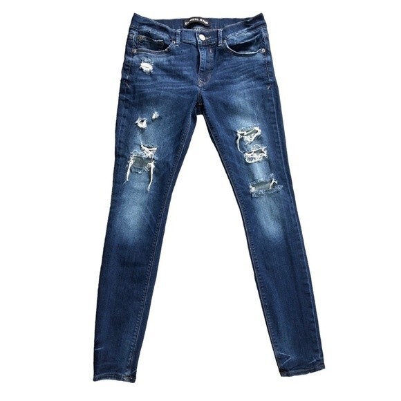 Express Jeans Distressed Darkwash Mid-Rise Legging Denim Jeans - Picture 1 of 5